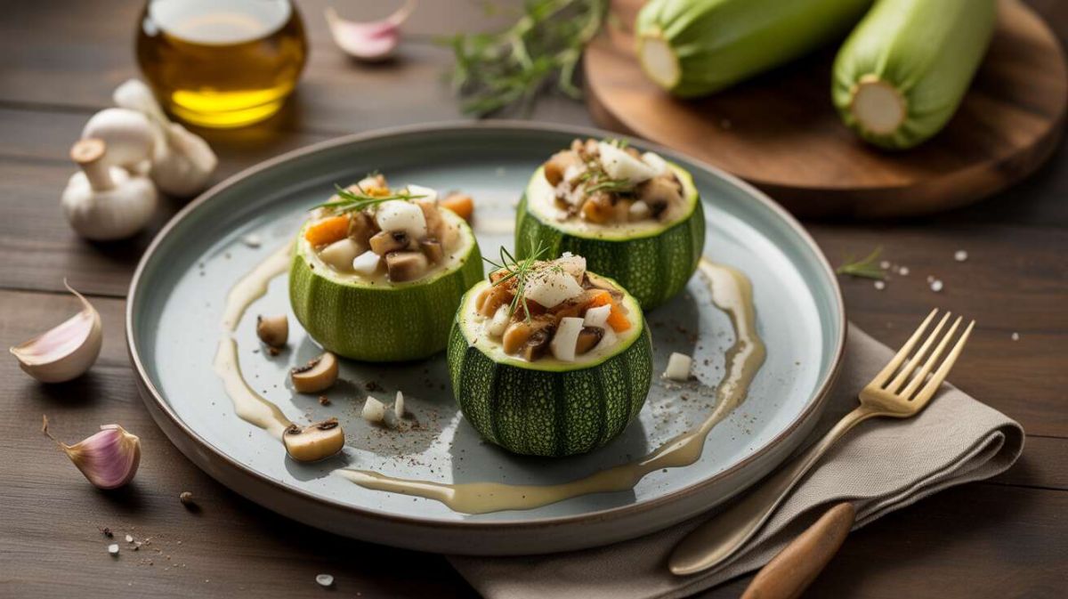 Courgettes rondes farcies au fromage de chèvre et champignons