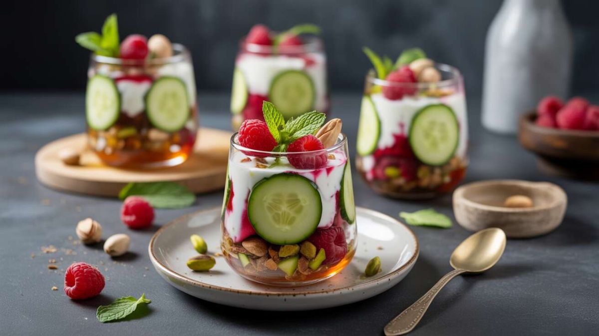 Inventez des verrines de concombre, yaourt grec et framboises, une entrée ou un dessert frais et original pour l’été