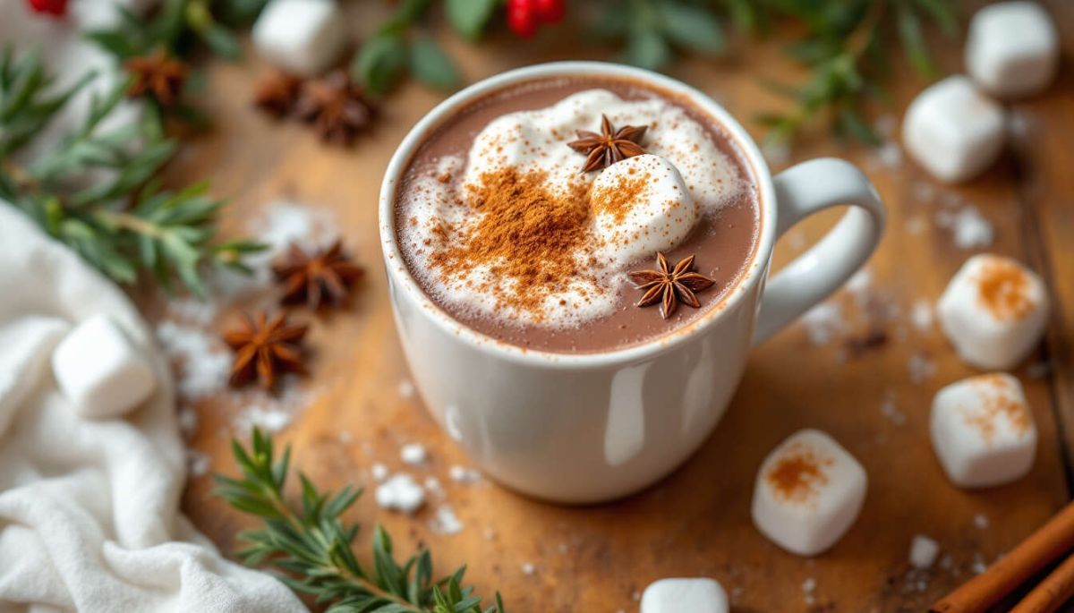 Chocolat chaud de Noël aux épices et guimauves maison