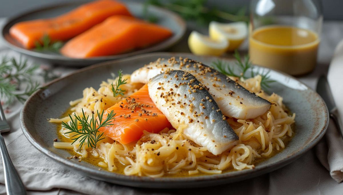Un mélange de saveurs : panaché de poissons sur choucroute délicate