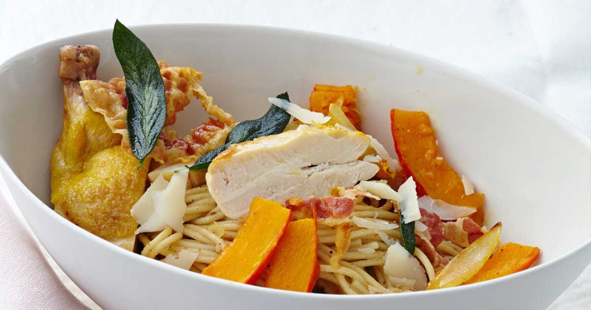 Une délicieuse recette de spaghetti au poulet, bacon et sauge
