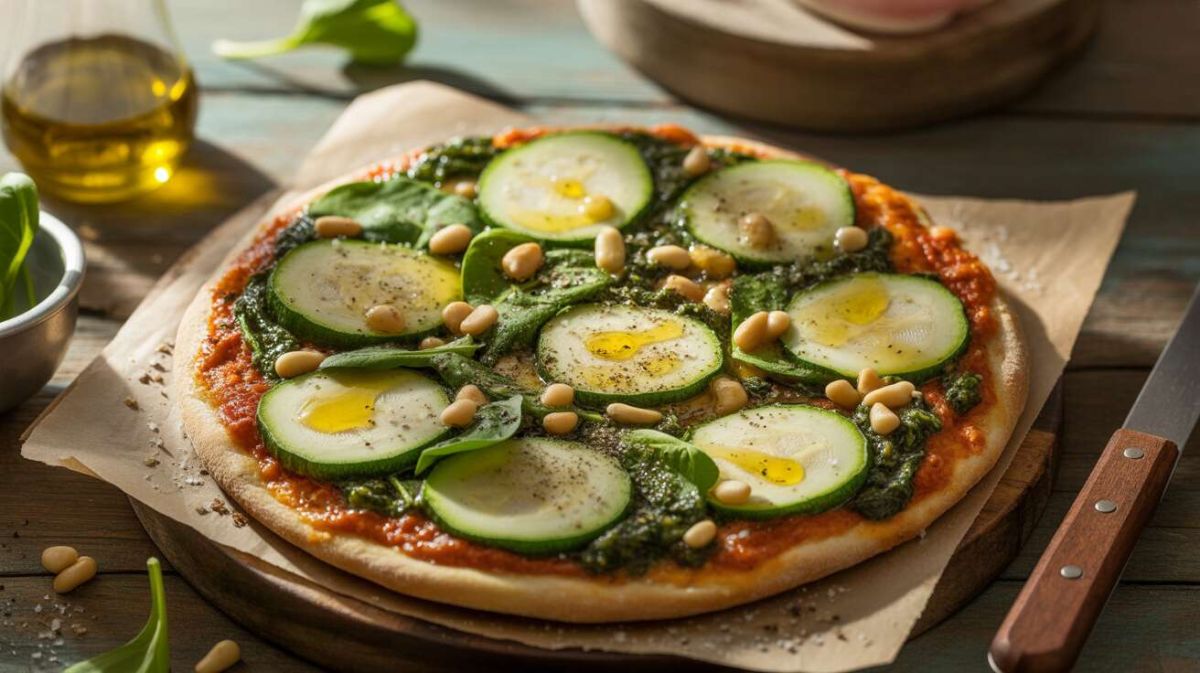 Dégustez la pizza verte aux légumes, pesto et fromage de brebis